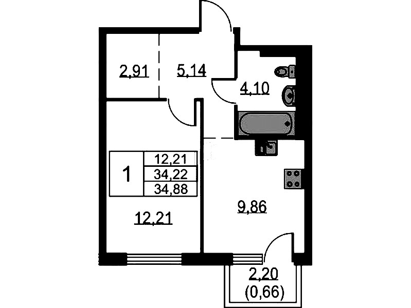 1-комнатная квартира 34.88 м², 11/17 эт., ЖК «Невская Долина»